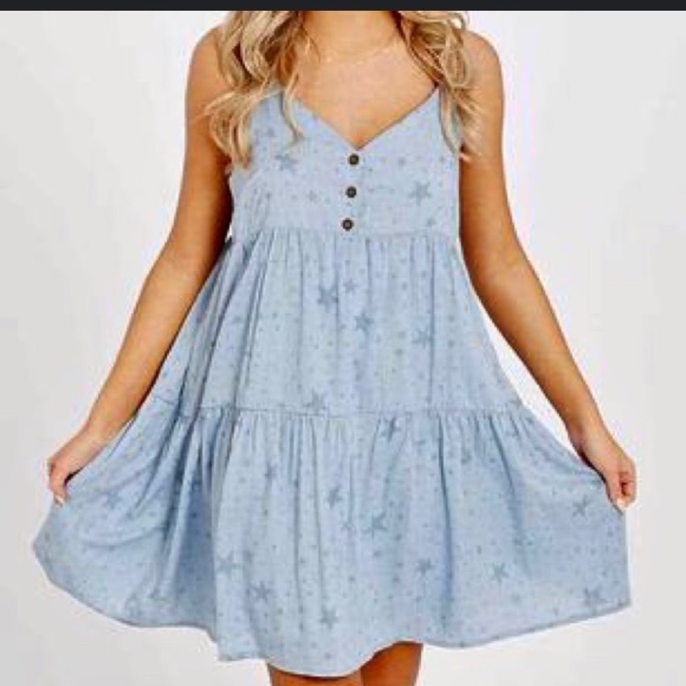 Altar’d State Stella light blue tiered stars print dress Sz S‎